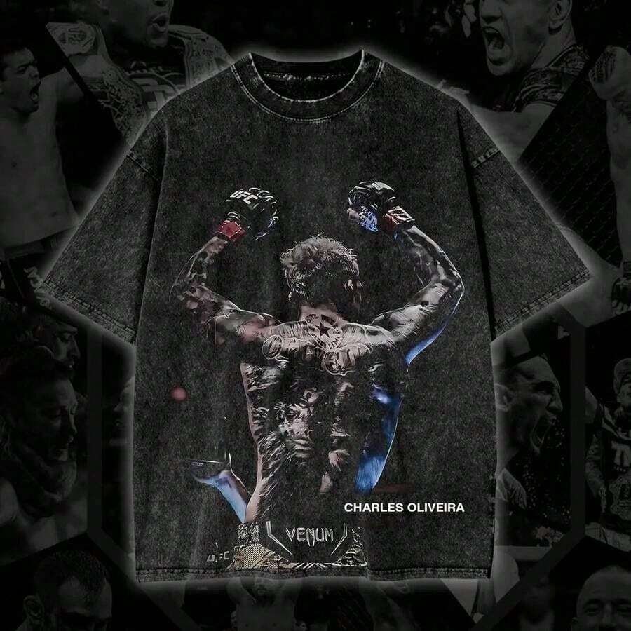 Limited Edition Charles Oliveira Retro T-Shirt, Large Size, Unisex, Heavyweight Cotton T-Shirt By Charles Oliveira , Premium Graphic T-Shirt, Fighter Graphic T-Shirt, Soft Cotton Retro T-Shirt For MMA, Perfect Gift For And Sports Fans D25 - 黑色 - 查看 1