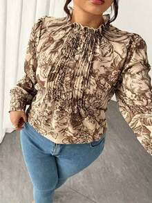 Blusa elegante de talla grande para mujer 2025 con encaje jacquard, parches y mangas con volantes, cintura ceñida y silueta evasé, adecuada para volver al colegio, graduación, vacaciones, San Valentín, festivales de música, Día de la Madre, Hallow - Marrón 3 - Ver 4