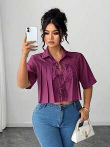 Blusa elegante corta con pliegues y lazo delantero para mujer - Morado - Ver 5