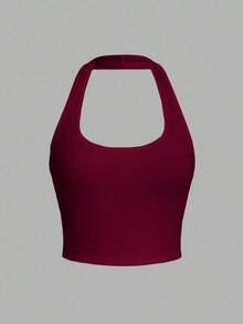 Camiseta de tirantes de ajuste ceñido con cuello halter, color liso y corta, de estilo minimalista y casual para mujer, de verano - Rosa Roja - Ver 1