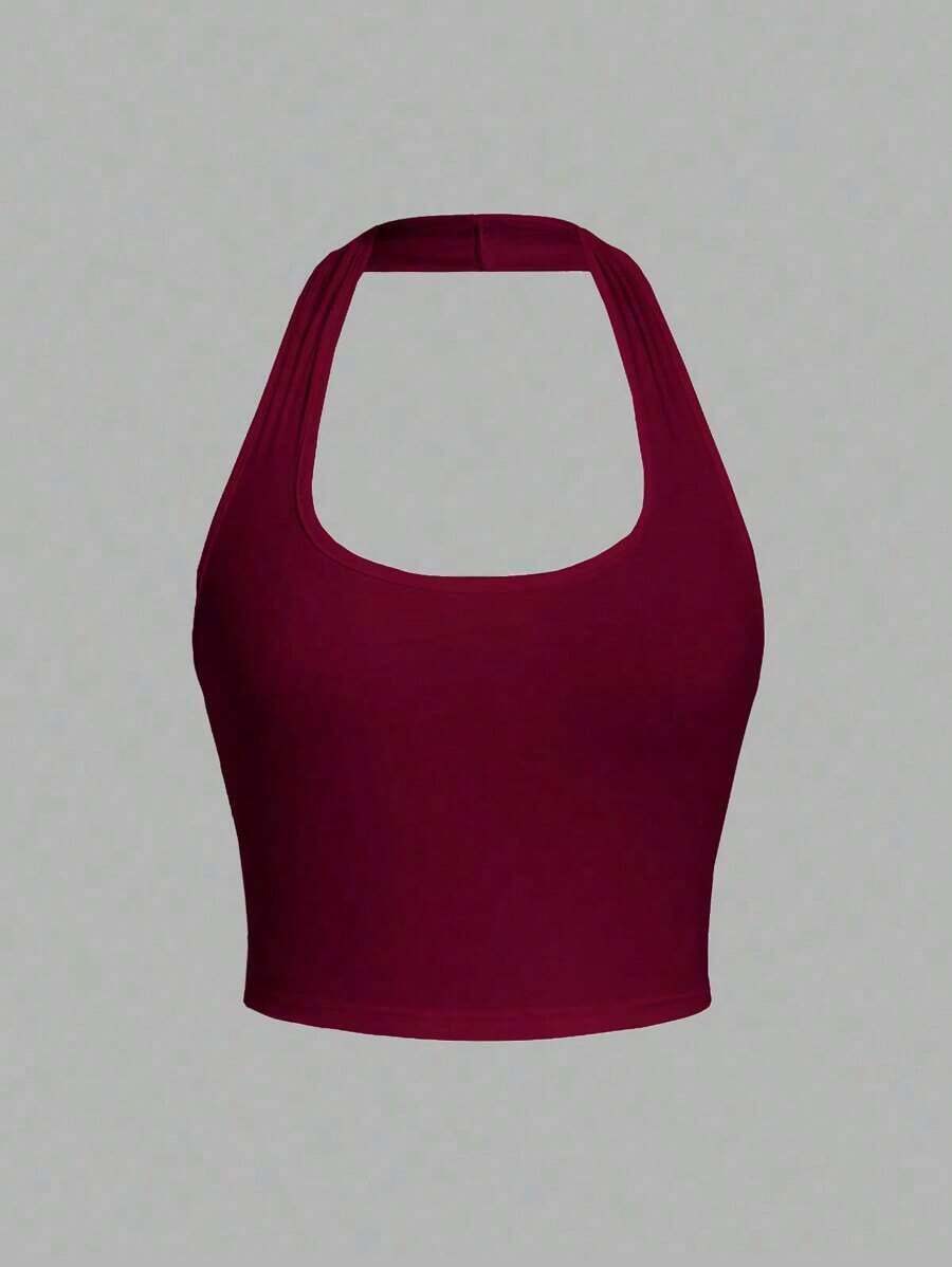 Camiseta de tirantes de ajuste ceñido con cuello halter, color liso y corta, de estilo minimalista y casual para mujer, de verano - Rosa Roja - Ver 1