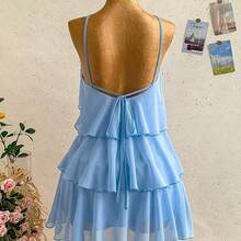 New Elegant Romantic Wedding Guest Solid Color Backless Multi-Layer Ruffle Chiffon Mini Dress, Suitable For Bohemian, Boho, Romantic Floral, Vacation, Floral Party, Date, Valentine's Day, Easter, Carnival, Afternoon Tea, Beach, Cruise, City Street Holiday,Summer Dresses For Women - Celeste - Ver 10