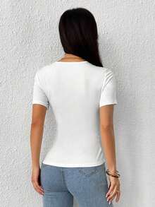 Camiseta de cuello redondo con abertura lateral y decoración de lazo con cristales para mujer - Blanco - Ver 2
