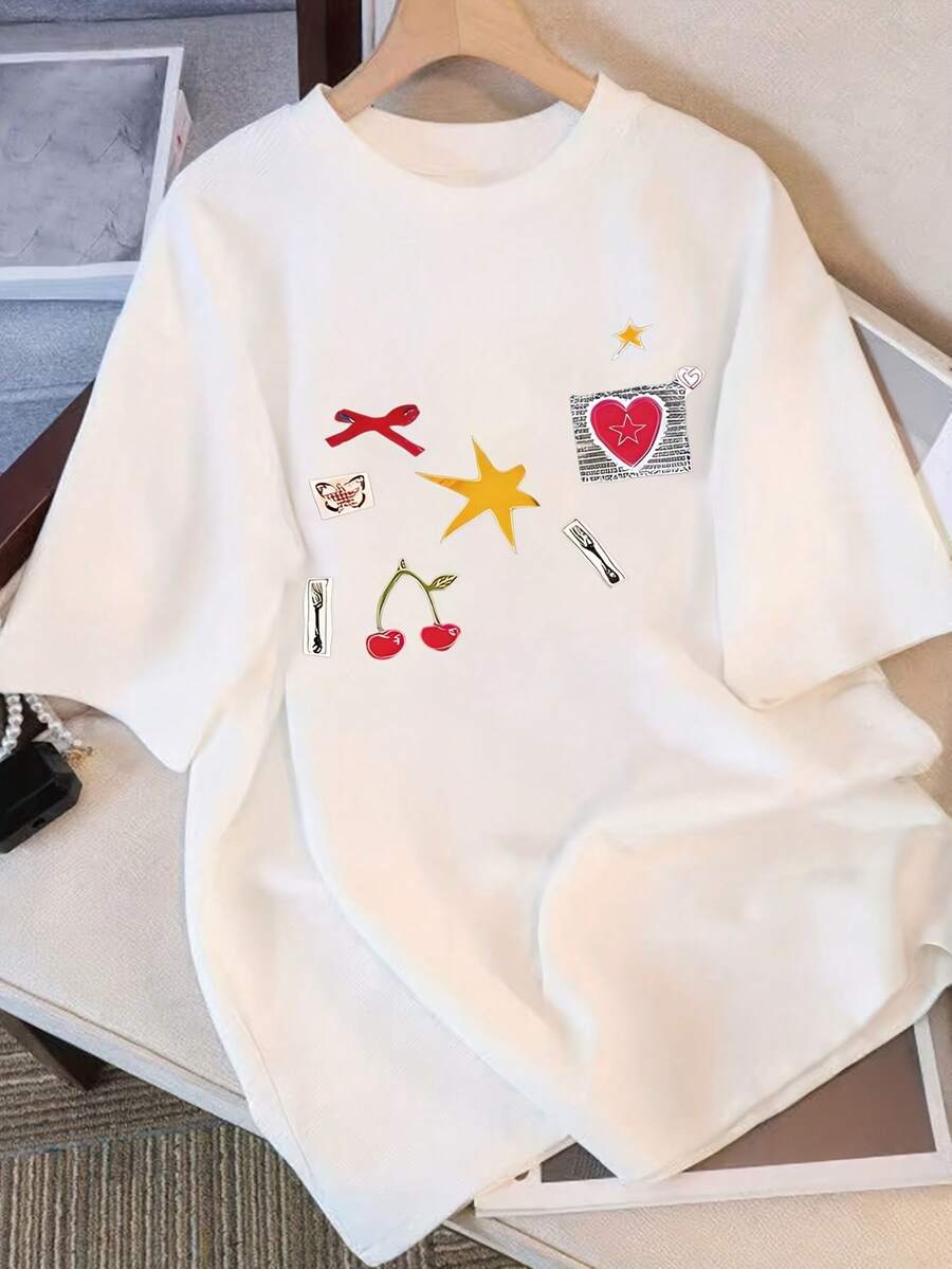 Camiseta de Verano Moderna de Algodón, Holgada, de Cuello Redondo, Versátil, Cómoda, Casual, para Mujer, Juvenil, a la Moda, de Manga Corta para Uso Diario - Blanco - Ver 1