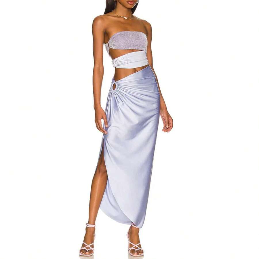 2026 New Swimsuit With Fine Shimmer And High-End Feel, Hollowed-Out Design, Beach Vacation Swimsuit With Wrap Skirt Set - Purple Set - View 1
