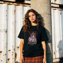 Women's Summer Clothing, Soft Cotton Casual T-Shirt With Round Neck, ARCANE Print. Black. - 黑色 - 查看 1