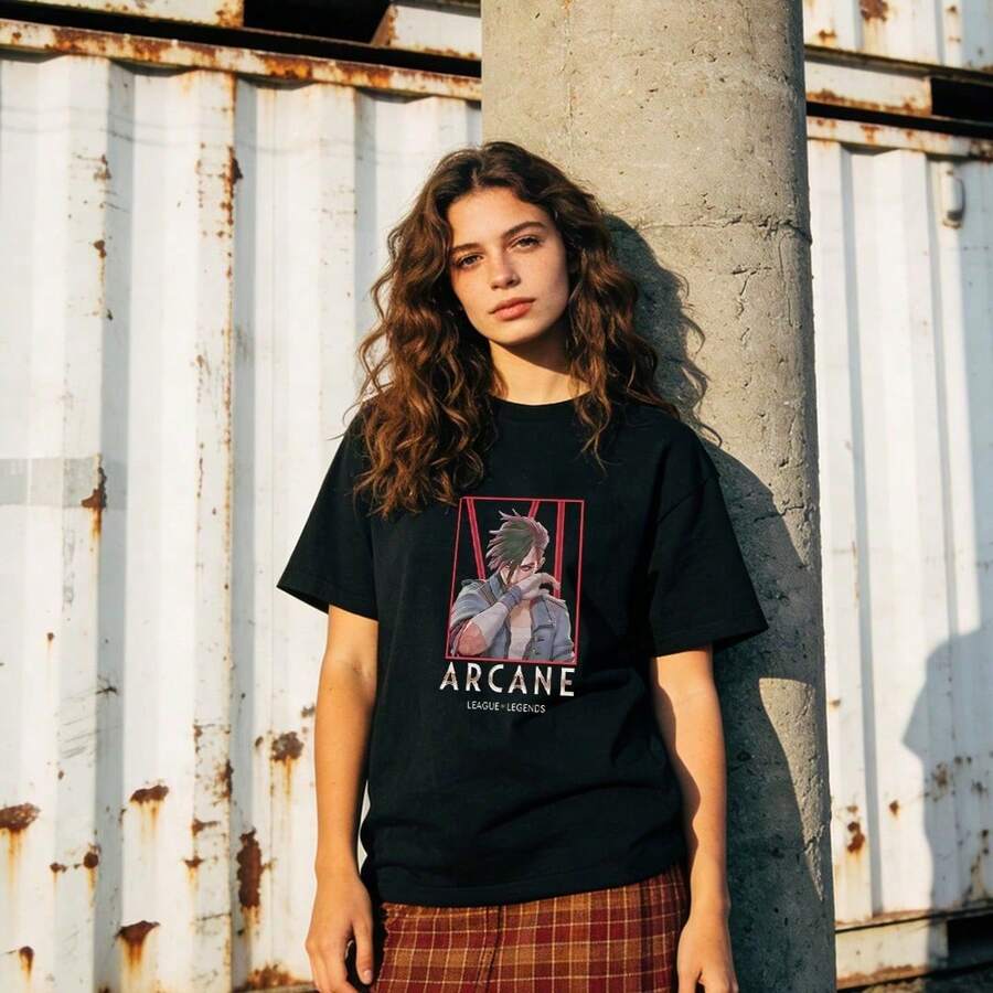 Women's Summer Clothing, Soft Cotton Casual T-Shirt With Round Neck, ARCANE Print. Black. - 黑色 - 查看 1