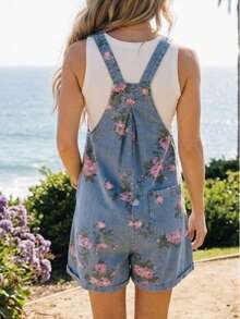 Boho  Button Floral Jean Cotton Denim Overall Romper Jumpsuit - Denim - 查看 2