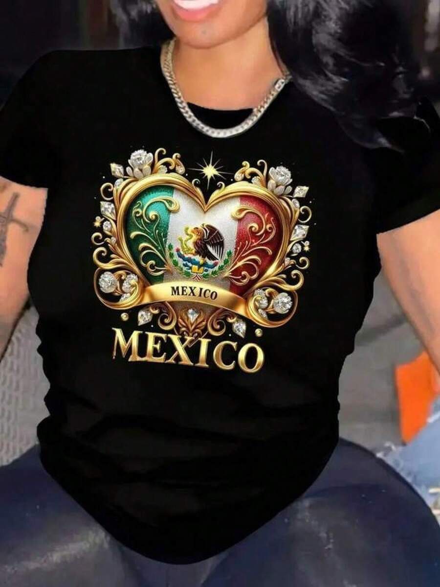 New 2026 1  Sexy  Casual  Dulce  Fiesta    Brillante    Alta elasticidad  Playa  Noche de fiesta  Vacaciones  Boda  Deportivo  Casa  Oficina  Despedida de soltera    verano  Camiseta de Mujer con Estampado del Corazón de la Bandera Mexicana - Camiseta casual de cuello redondo para mujer con gráfico de la bandera mexicana, manga corta, tejido ligero con estiramiento ligeramente - Negro - Ver 1