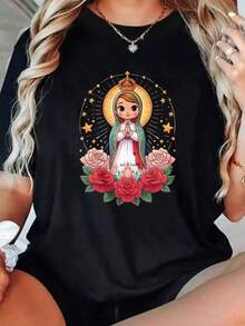 1pc Camisetas para mujer,Camisetas Para Hombre,cuello redondo,estilo urbano juvenil,estilo streetwear,diseño de moda callejera,ideal para uso informal diario - Negro - Ver 6