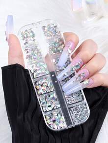 12 Grids Nail Art Rhinestone, Mixed Size Crystal AB Nail Rhinestones Flat Back Diamond Nail Jewelry DIY Stone For Women & Girl Manicure Decoration Charms - Multicolor - View 4