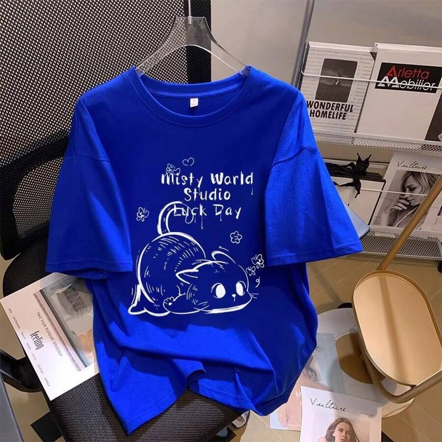 Camiseta con estampado de camisa casual para mujer, manga corta y cuello redondo, moda urbana local de primavera/verano camiseta unisex. 6RDC - Azul - Ver 1