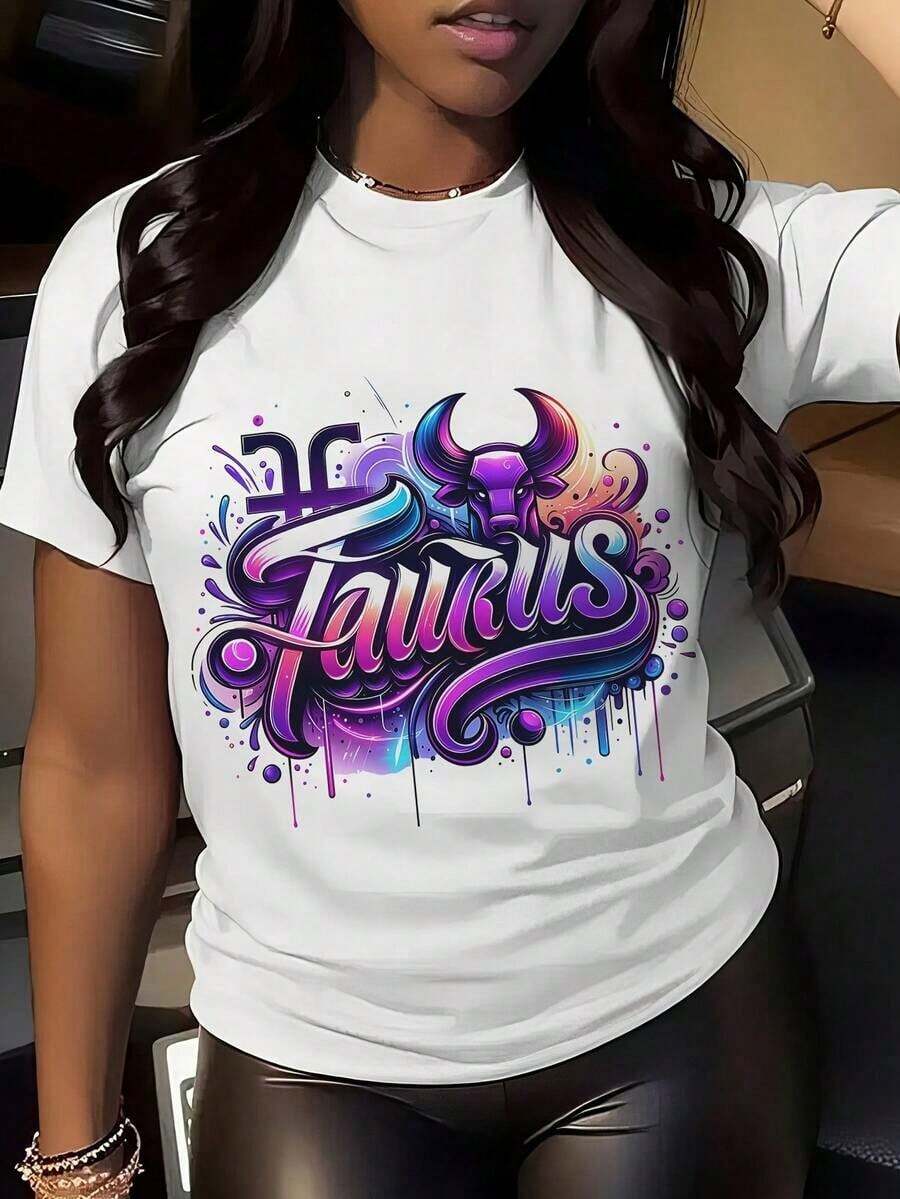 Camiseta con Estampado del Zodíaco Tauro para Mujer - Camiseta de Algodón Puro Suave con Letras Decorativas en Morado y Azul - Para Uso Diario Casual y Eventos Temáticos - Camiseta Transpirable de Cuello Redondo para Todas las Temporadas - Ropa de Mujer Asequible, Camisetas para Mujer, Camiseta para Todas las Temporadas, Camiseta con Estampado Geométrico, Camiseta de Algodón Resistente, Tela de Elasticidad Media, Atractiva Camiseta para Mujer, blusa casual mujer, playeras de mujer algodón - Blanco - Ver 1