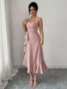 Vestido elegante y romántico para mujer con escote halter sin mangas, volantes en la cintura y bajo - Rosa vieja - Ver 5