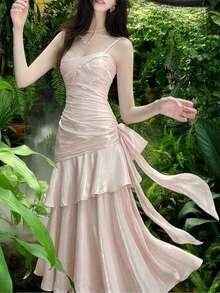 Vestido de fiesta con volantes en el bajo en color borgoña, conjunto brillante rojo para conciertos, vestido formal elegante de tirantes finos para dama de honor, cumpleaños, graduación, ropa de verano y primavera para bodas - Rosa Pálido - Ver 5