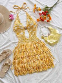 Vestido de suéter ajustado con cuello en V, escote halter y espalda con lazo, estilo bohemio, para vacaciones, otoño/invierno - Multicolor - Ver 1