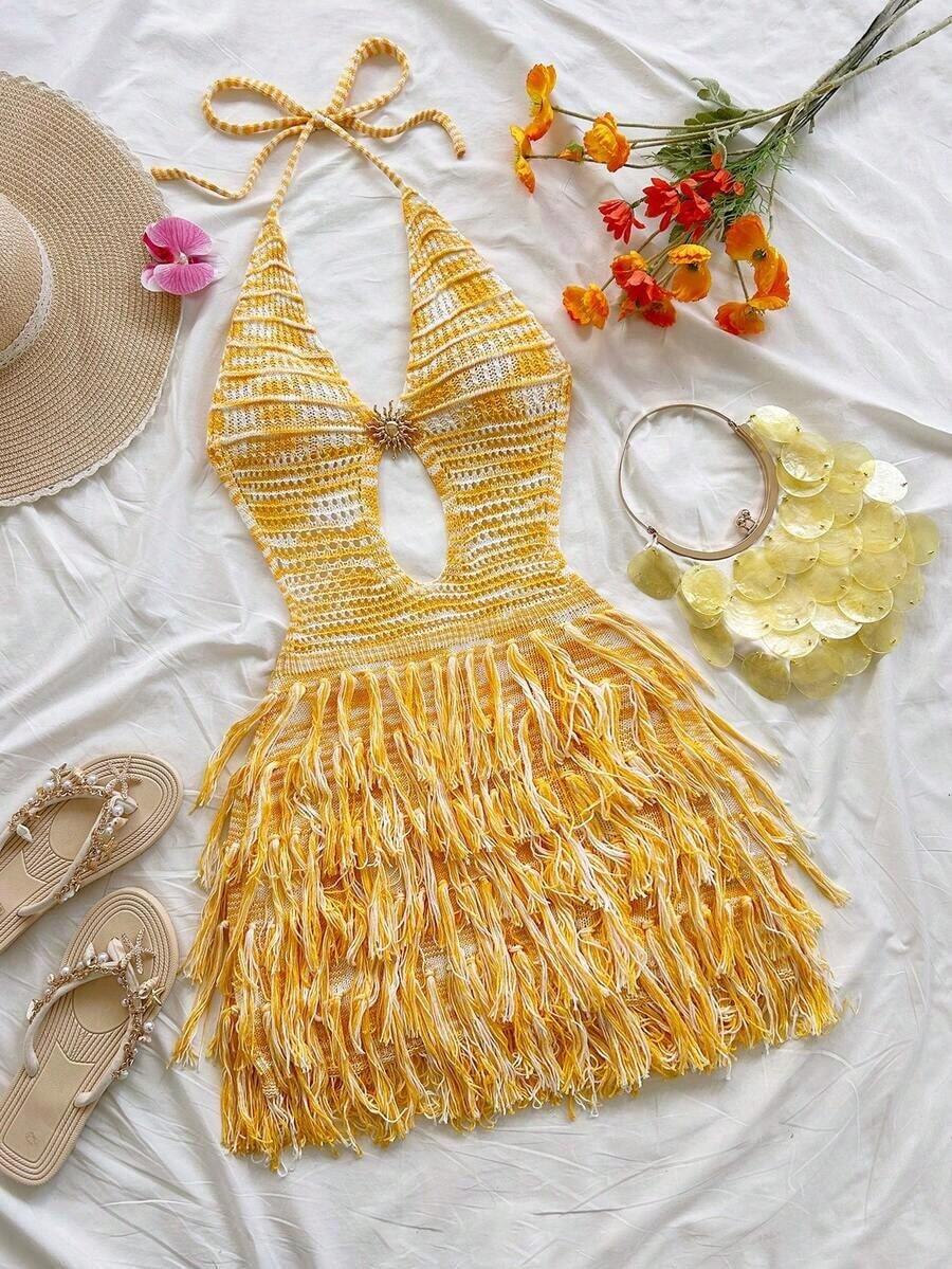 Vestido de suéter ajustado con cuello en V, escote halter y espalda con lazo, estilo bohemio, para vacaciones, otoño/invierno - Multicolor - Ver 1