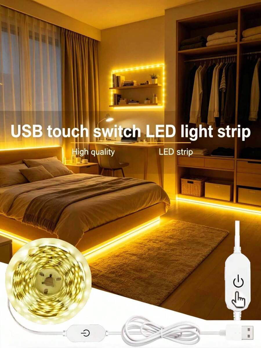 LED Light Strip, USB Powered, Self-Adhesive Cuttable, Touch Control - Long Press To Adjust Brightness, Suitable For Cabinet, Kitchen Lighting, TV Backlight, DIY Bedroom Home Decor Lighting - Warm Light - View 1