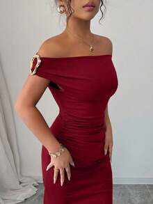 YHHRafferiza Vestido de fiesta elegante ajustado con hombros descubiertos y detalles metálicos fruncidos para mujeresYHH - Rosa - Ver 11