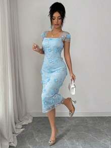 Vestido midi de mujer con cintura fruncida, elegante y romántico, con bordado de malla, adecuado para la temporada de bodas, fiestas, citas y salidas casuales en primavera/verano - Azul - Ver 5