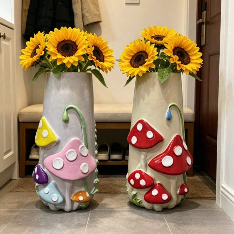 1pc Pink & Red Mushroom Style Vase, Decorative Vase, Creative Home Decor, Home Accessory, Spring/Summer Garden Outdoor Decor, Flower Vase - Mushroom Vase - View 1