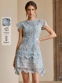 Vestido de verano elegante para mujeres con cuello redondo, manga corta, parches florales, bordados calados y encaje, ideal para primavera, vacaciones y festivales - Celeste - Ver 8