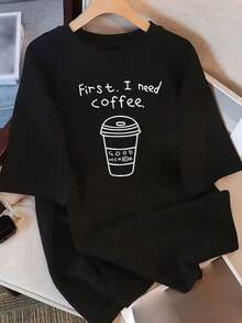 Limited EditionWomen's Short Sleeve-Shirt - First I Need Coffee Graphic Print, Loose Fit Casual Round Neck Top, Black with White Lettering, Washable All-Season Comfort, Playful Print Tee, Durable FabricLightweight Cotton - Negro - Ver 8
