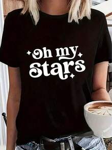 Algodón Camiseta Estampada Oh My Stars % Algodón, Talla, Cuello Redondo, Ligeramente Elástica, Manga Corta, Informal, Para Mujer blusas para mujer camisa - Negro - Ver 7