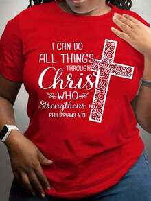 Camiseta Holgada Sencilla Mujer Estilo Moderno Playera de algodón suave para mujer, camisetas de mujer con la impresión de la cruz y la frase 'I CAN DO ALL THINGS . . . ', camiseta casual de manga corta con estampado gráfico de fe para mujer, verano. Camiseta Mujer Estampado Gráfico  Verano 2026 - Rojo - Ver 1
