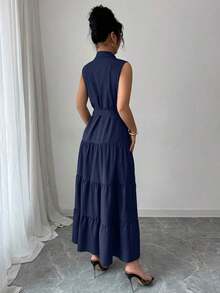 Women's Single-Breasted Sleeveless Shirt Dress With Ruffled Hem In Solid Color - Lake Blue - View 2