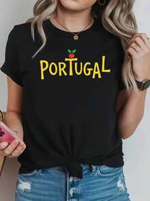 Camiseta de mujer de manga corta con cuello redondo e estampado del tema nacional de Portugal, decoración de flor de manzano, ropa casual para amantes de los viajes culturales - Negro - Ver 6