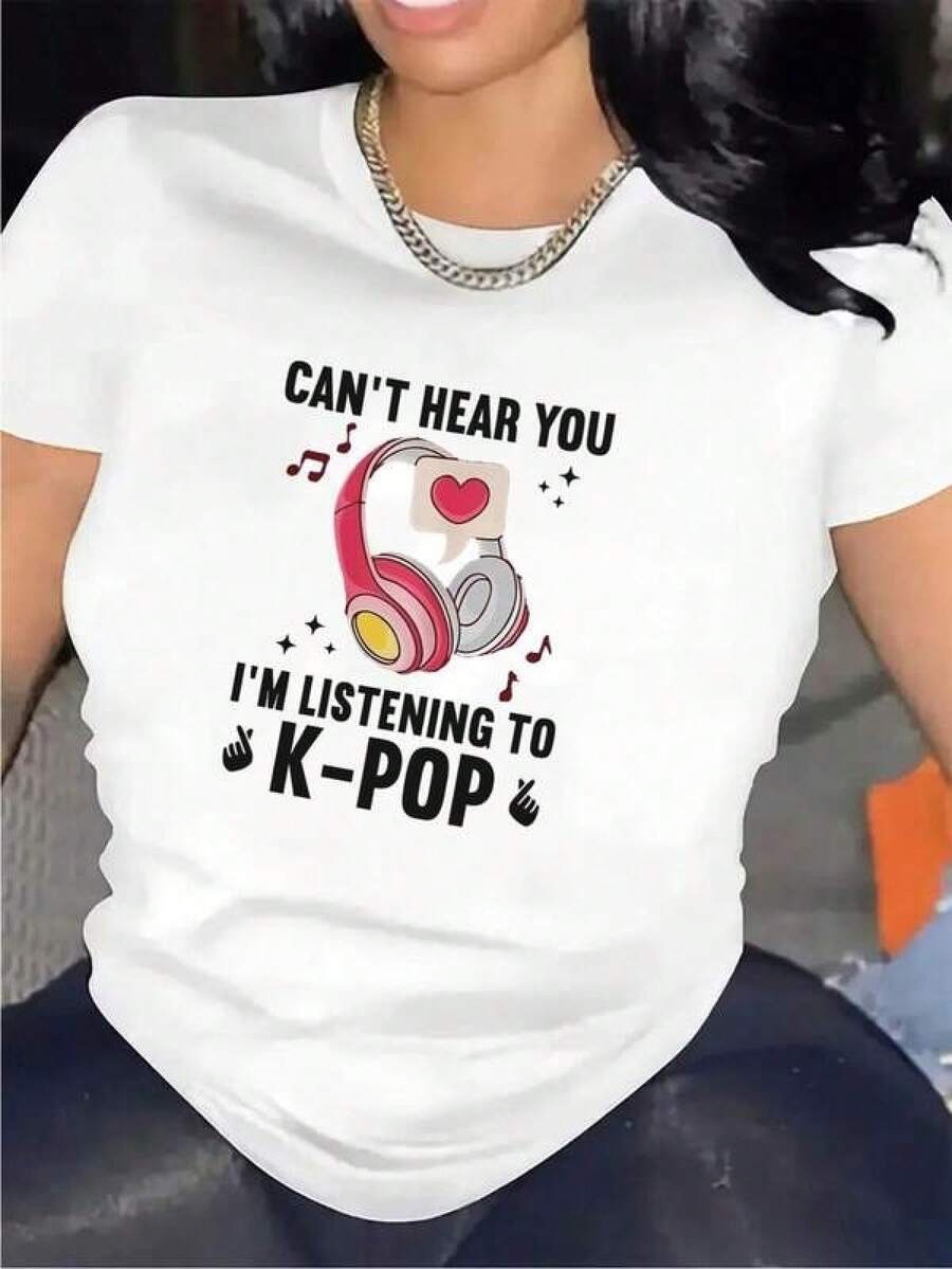 Camiseta gráfica de K-Pop para mujer - Tejido de algodón puro y suave, estampada con el eslogan "No te escucho, pero estoy escuchando K-Pop" - Estilo casual para el día a día, lavable a máquina, adecuada para conciertos y para descansar en casa. Ropa Hombre Cosas Para Hombre Ropa De Mujer Women Clothing Casual Blusas Bonito - Blanco - Ver 1