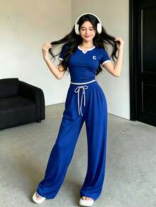 el mejor regalo para el Día de la Madre:Conjunto deportivo de manga corta con cuello redondo y pantalón largo,Conjunto de 2 piezas para mujer: Top de manga corta y pantalón de unicolor minimalista, conjunto casual - Azul Marino - Ver 2