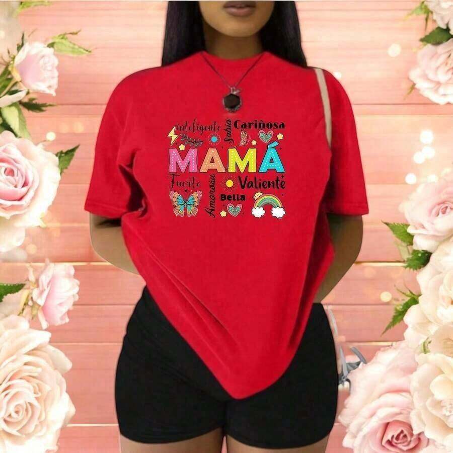 short-sleeveRound Neck Playera Blusa Mujer Mama con Frases de Cariño  Ropa Casual y Emotiva para Regalo del Día de la Madre 100% Cotton Blusas Para Mujer Casual100% Cotton - Rojo - Ver 1