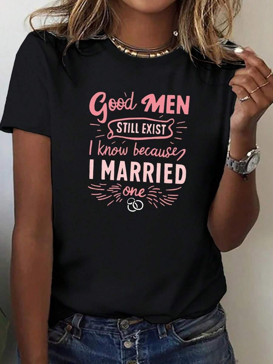 Talla Grande - Talla Grande - Camiseta con Temática de Matrimonio Humorístico para Mujer - Impresa con la frase "Las cosas buenas aún están por venir" en una camiseta casual de cuello redondo, fondo negro con letras rosas, lavable a máquina, adecuada para primavera/verano, camiseta súper linda. - Negro - Ver 1