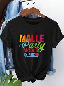 Camiseta de Mujer con Estampado Gráfico de Letras y Interruptores Coloridos, Manga Corta, Cuello Redondo, Estilo Casual para Verano y Primavera, Ropa de Mujer - Negro - Ver 8