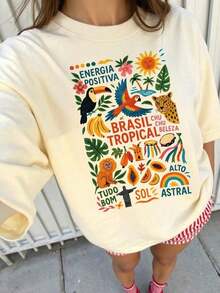 Tropical Rainforest Themed T-Shirt 2026, Suitable For Casual Spring And Summer Outings - Vintage Street Style, Unisex, Cotton, Short Sleeve, Round Neck, Women's Blouses. Casual Blouses For Ladies. - 杏色 - 查看 4