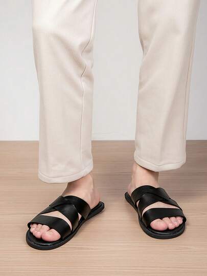 New Solid Color Beach Hook And Loop Sandals, Casual Summer Beach Shoes, Men's Slippers