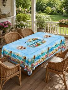 1 Piece Of Summer Beach Starfish Shell Patterned Tablecloth, Polyester Tablecloth With Fan-Shaped Edges, Suitable For Terraces, Kitchenware, Beach Parties, Wedding Decorations, Swimming Pool Parties, Tropical Home Decor, With A Nautical Theme Wallpaper. - Multicolor - View 9