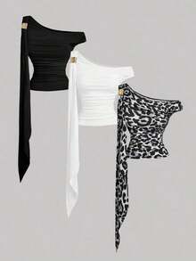 MOD Set de 3 blusas elegantes de mujer con decoración de metal asimétrica y volantes, con estampado de leopardo, para Navidad, Año Nuevo, vacaciones, playa, Acción de Gracias, verano - Multicolor - Ver 12