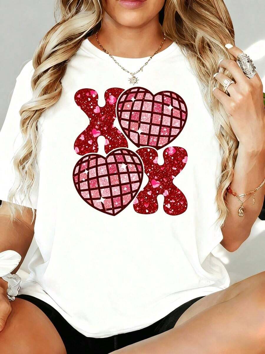 Camiseta Casual para Mujer con Estampado de Corazón Brillante Xoxo de San Valentín, 180g, para Ocio en Casa o al Aire Libre, Regalo para Fiesta de San Valentín - Blanco - Ver 1
