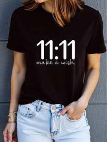 Camiseta De Mujer Con Estampado 11 11 - Suave Y Transpirable, Secado RáPido, Top Deportivo Casual Con DiseñO Del NúMero 11 11 Y Texto 'Wish' - MarróN Con Negro, Ideal Para Uso Casual, Gimnasio Y AñO Nuevo - Negro - Ver 7