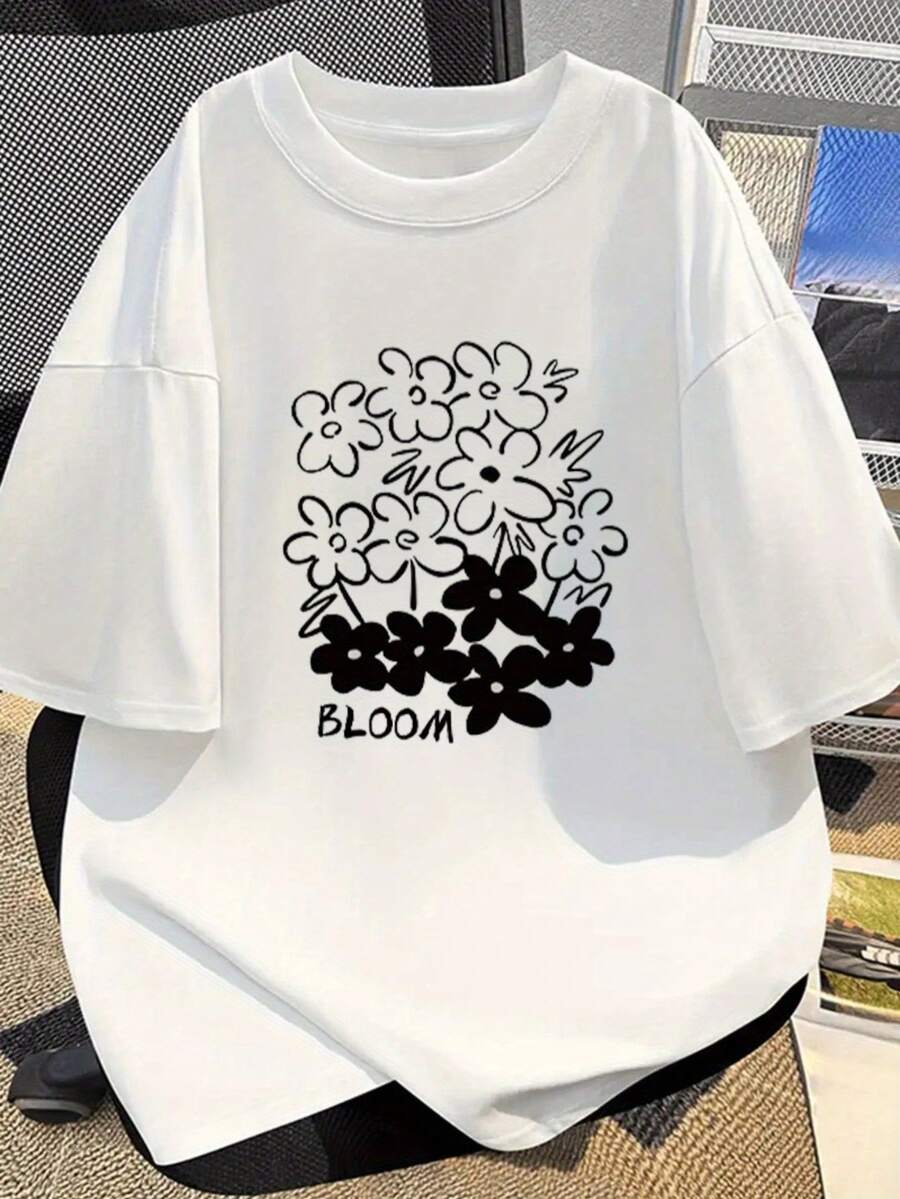 Camiseta Casual Esencial con Estampado Divertido de Dibujos Animados, Marca Americana de Moda, Corte Holgado y Versátil para Uso Diario, Manga Corta, Algodón Suave, para Verano - Blanco - Ver 1
