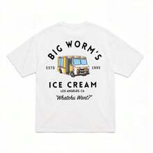 Big Worm's Ice Cream Unisex Cotton T-Shirt With Retro Truck Graphic 'What Do You Want?' Crew Neck Quote Fun LA Streetwear T-Shirt, Breathable, Soft, Comfortable And Fitted For Men. - 白色 - 查看 5