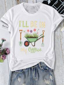 Ropa de vacaciones con estampado divertido de temática de jardinería, cuello redondo, top de verano casual y elegante para mujer, adecuado para uso diario y para ir al trabajo, camiseta de manga corta versátil, conjunto de verano de una pieza adecuado para primavera, verano, otoño e invierno, disponible en múltiples colores, tallas S-XXL. - Blanco - Ver 8
