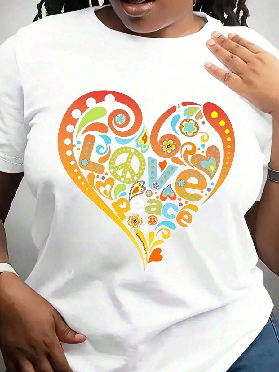Camiseta Gráfica de Paz y Amor con Corazón para Mujer - Manga Corta, Cuello Redondo, Estilo Casual para Verano y Primavera, Diseño de Espiral Colorido, Tela Suave y Transpirable - Blanco - Ver 1