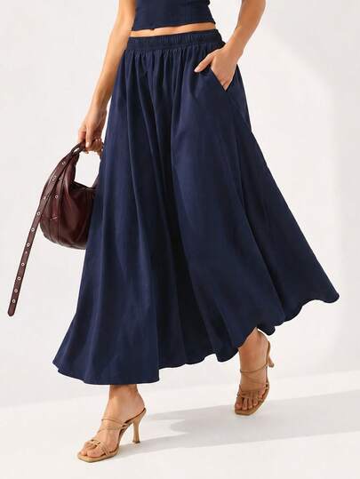 Women's Casual High-Waist Cotton Maxi Skirt With Pockets - Navy