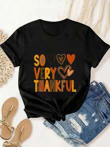 Women's Casual T-Shirt With "SO VERY THANKFUL" Print, Summer T-Shirt For Women, Fashionable, Casual, Comfortable And Soft For Outdoor Sports And Fitness, Round Neck, Short Sleeve, 100% Cotton, Durable - 黑色 - 查看 7