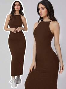 Vestido de tirantes finos sin mangas con cintura ceñida y ajuste ceñido en color rojo-marrón, adecuado para diversas ocasiones: oficina, formal, elegante transporte urbano, casual, romántico, Y2K, retro de los 90, fiesta, graduación, invitado de b - Marrón - Ver 5