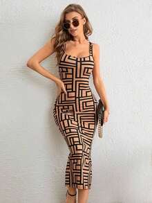 Vestido ajustado de tirantes con estampado geométrico - Negro - Ver 7